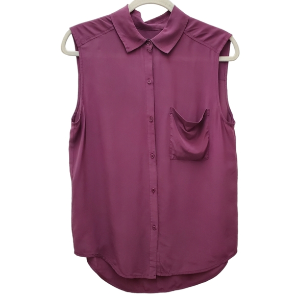 Trouve Silk Shirt Sleeveless Collared Button Down Top Plum Purple Sz S - Picture 1 of 12